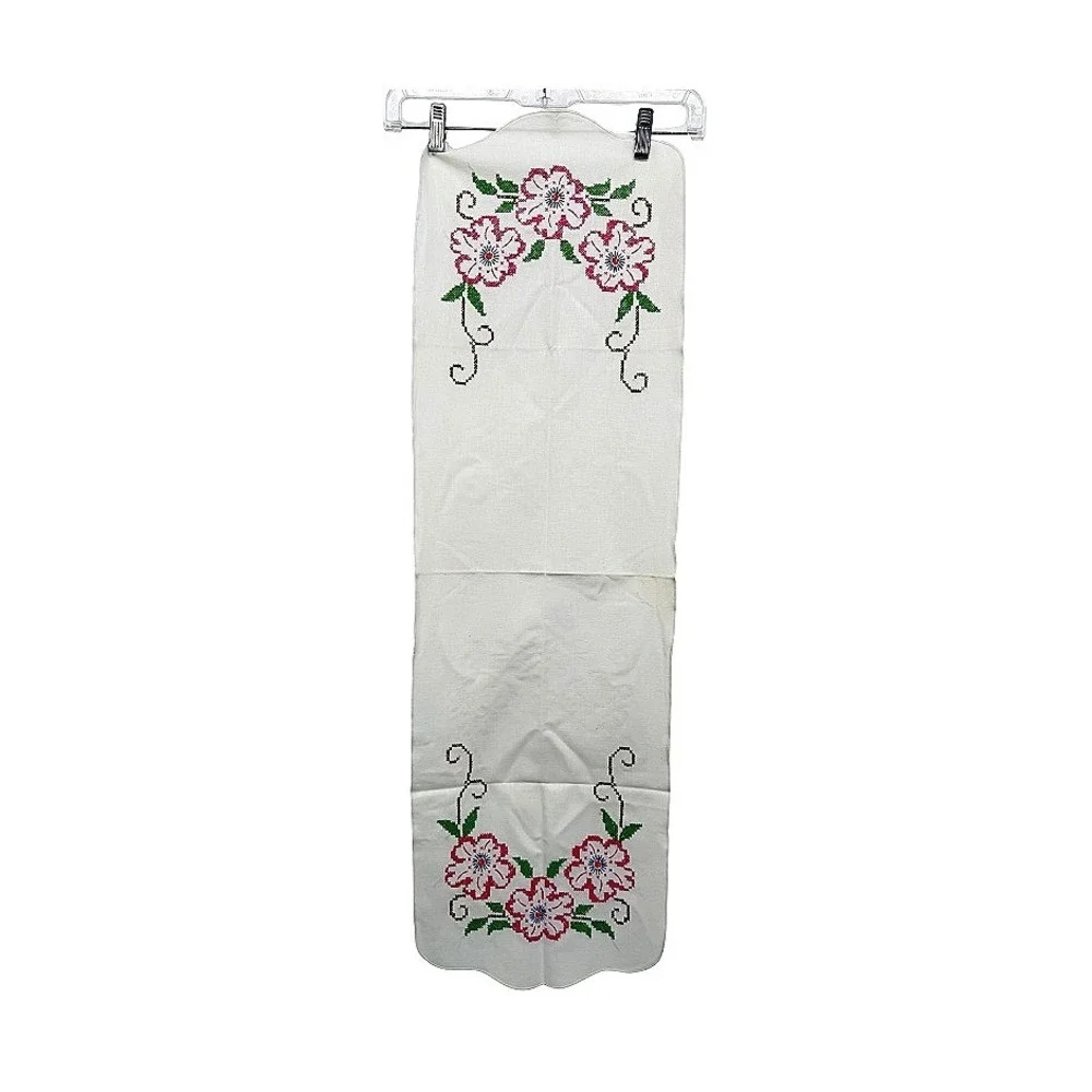 Vintage Embroidered Flower Table Runner Floral Cross Stitch Scalloped Edges